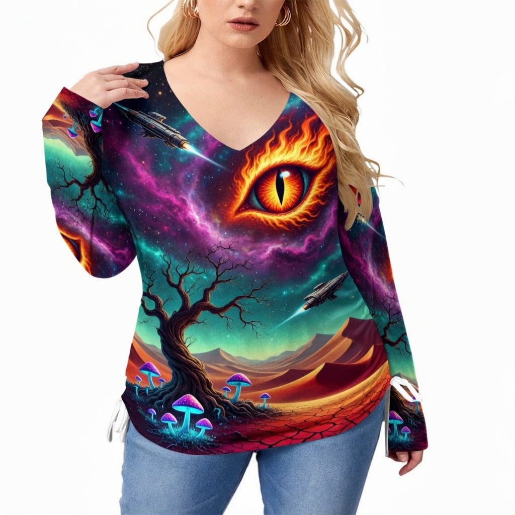 All-Over Print Women’s V-neck T-shirt With Side Drawstring(Plus Size)