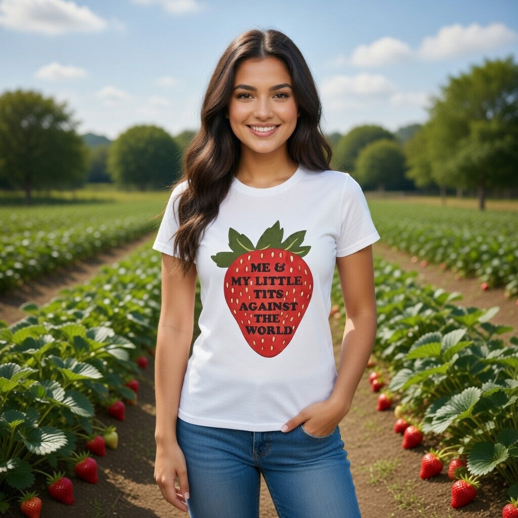 Strawberry Graphic T-Shirt — “Me & My Little Tits Against the World” Feminist Statement Tee Shipping included in Price