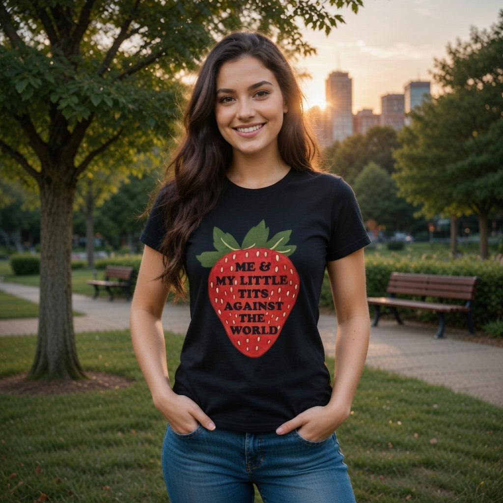 Strawberry Graphic T-Shirt — “Me & My Little Tits Against the World” Feminist Statement Tee Shipping included in Price