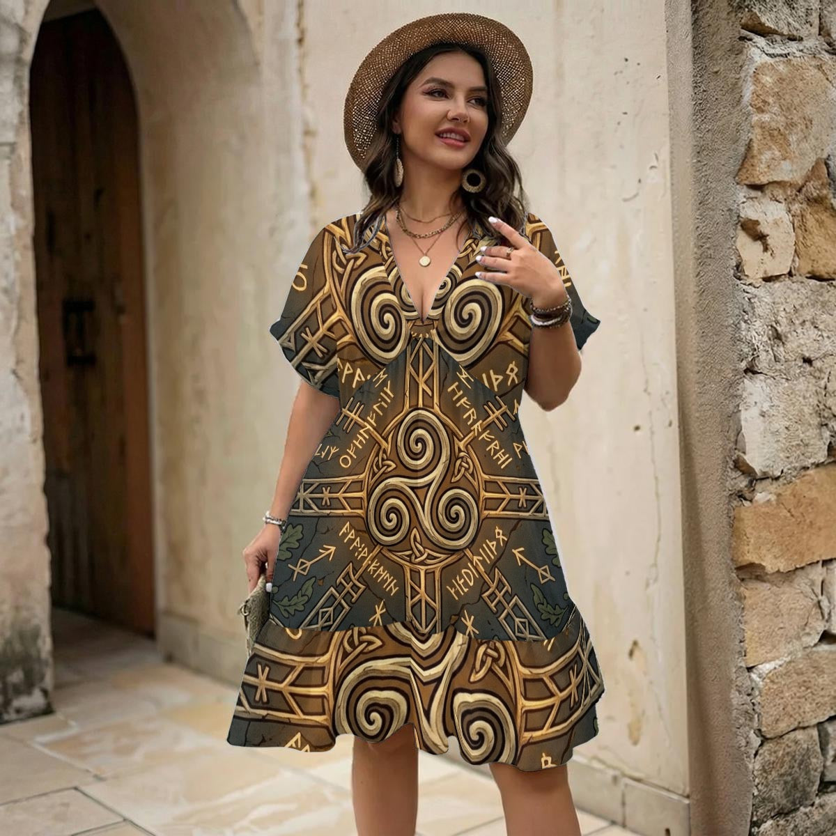 All-Over Print Women’s Floral V-Neck Short Sleeve Dress