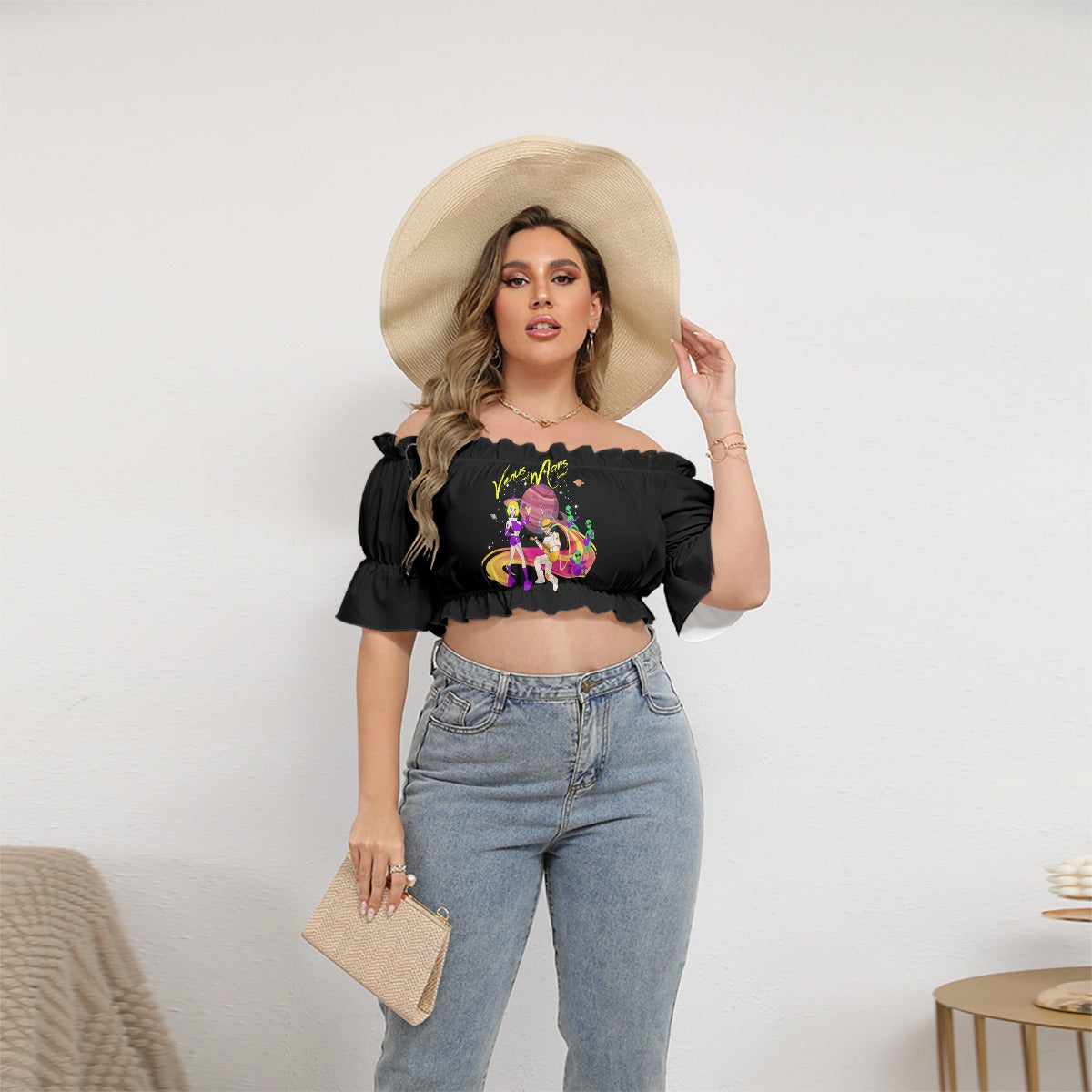 Venus and Mars Off-shoulder Cropped Top With Short Puff Sleeve When ordering Buy 2 Sizes up look at sizing Guide