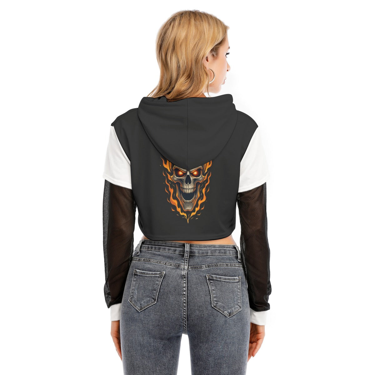 All-Over Print Women's Fake Two-piece Mesh Sleeve Cropped Hoodie