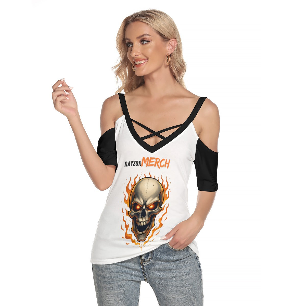 All-Over Print Women's Cold Shoulder T-shirt With Criss Cross Strips