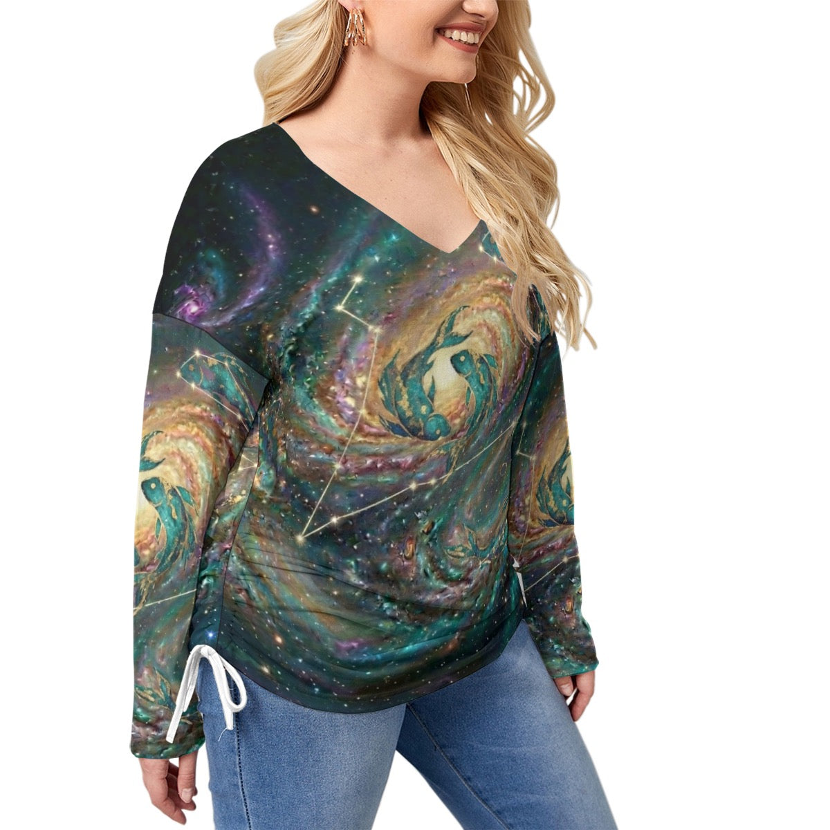 All-Over Print Women’s V-neck T-shirt With Side Drawstring(Plus Size)