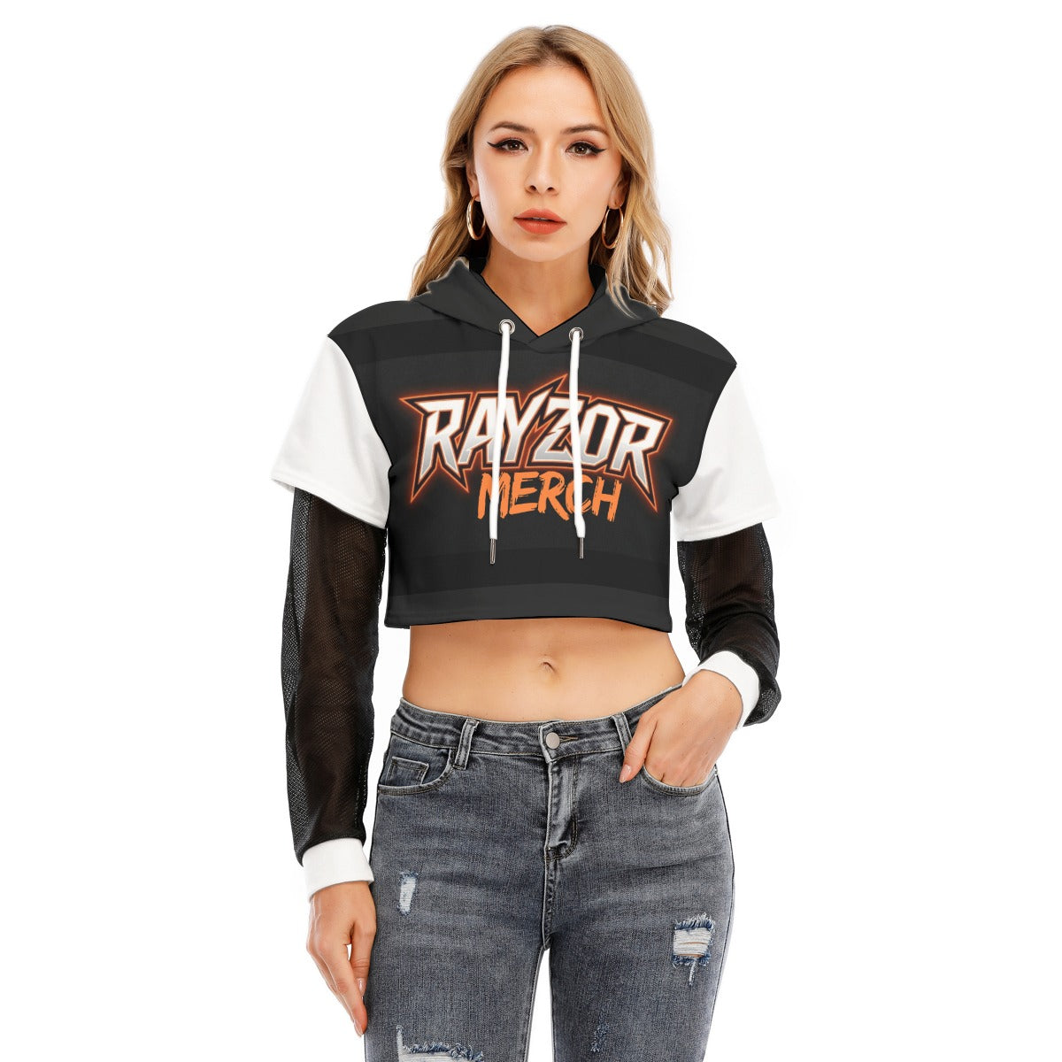 All-Over Print Women's Fake Two-piece Mesh Sleeve Cropped Hoodie