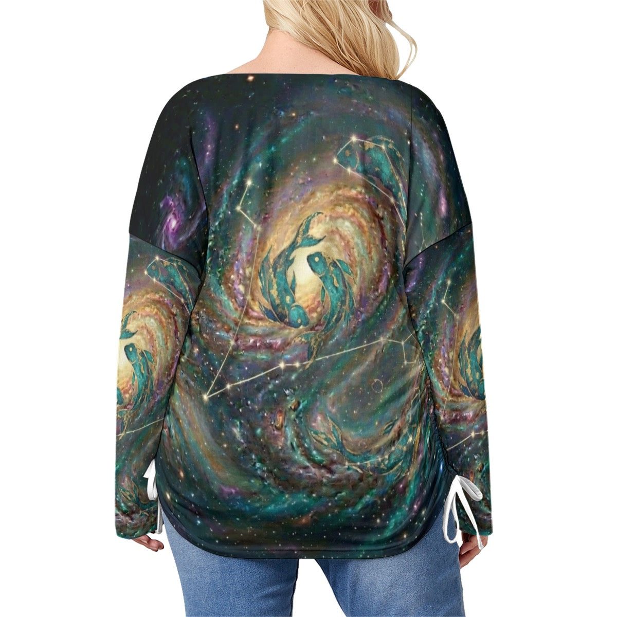 All-Over Print Women’s V-neck T-shirt With Side Drawstring(Plus Size)