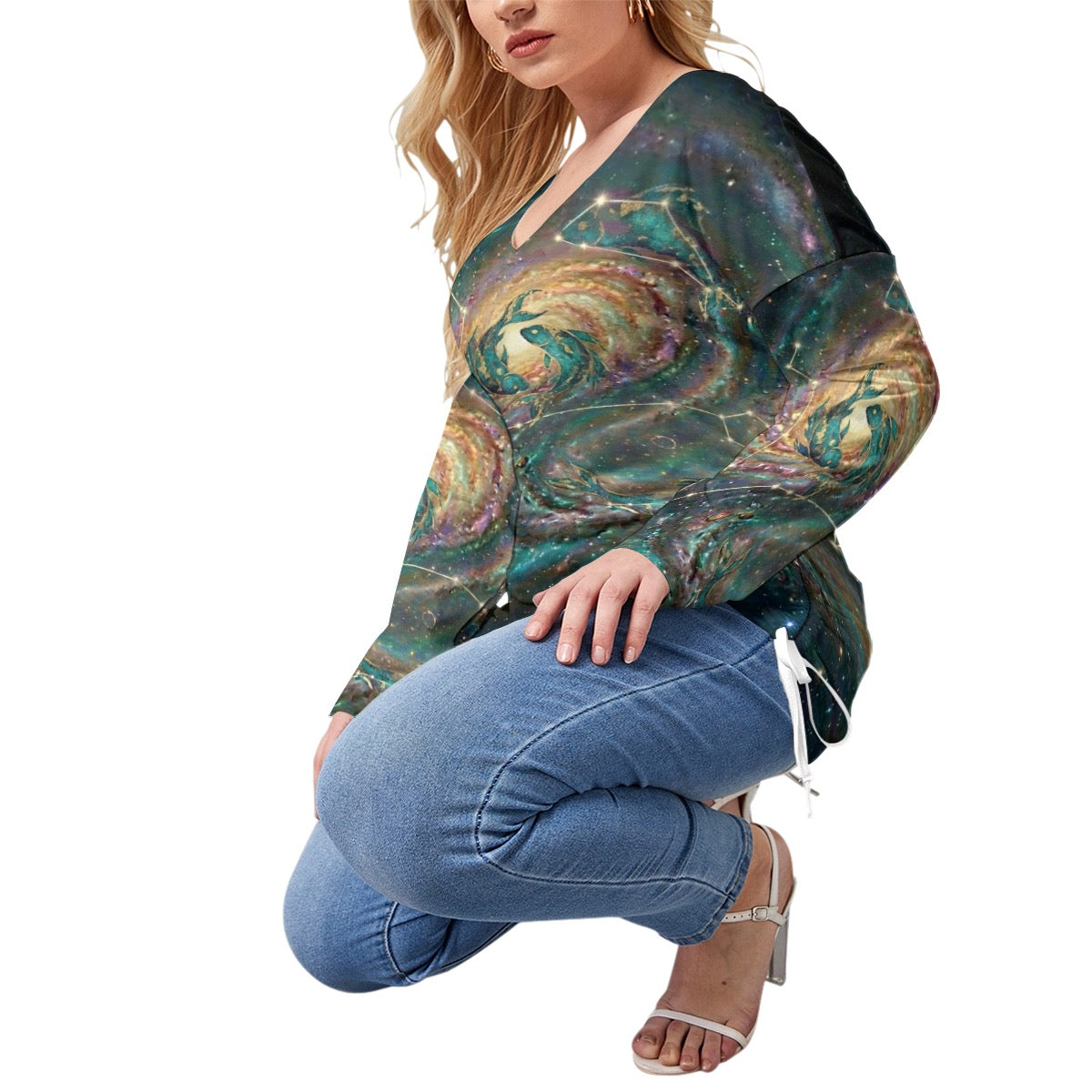 All-Over Print Women’s V-neck T-shirt With Side Drawstring(Plus Size)