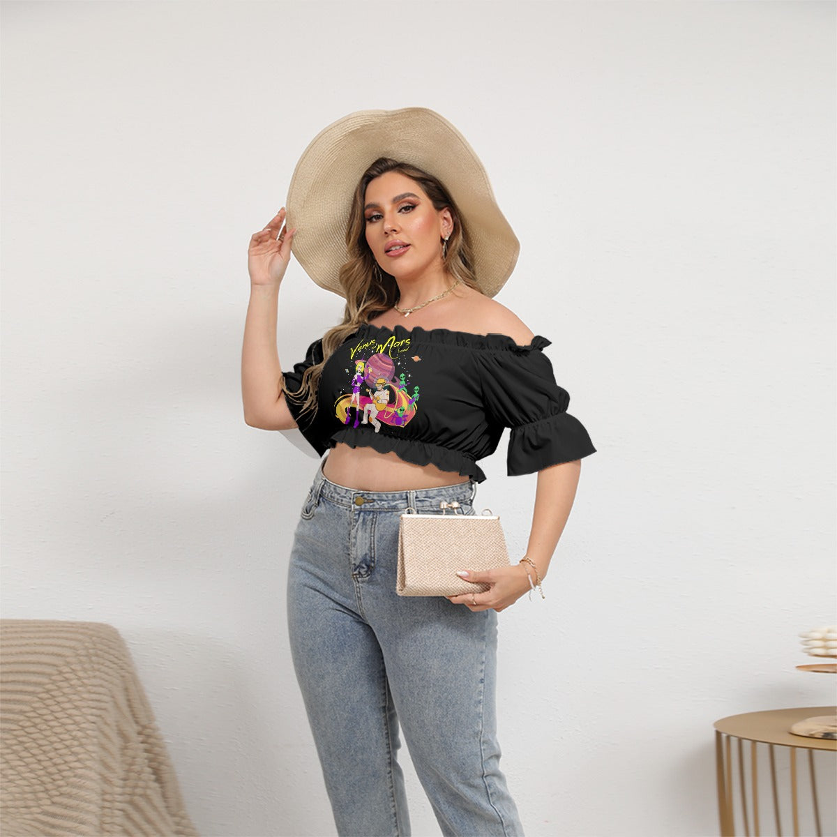 Venus and Mars Off-shoulder Cropped Top With Short Puff Sleeve When ordering Buy 2 Sizes up look at sizing Guide