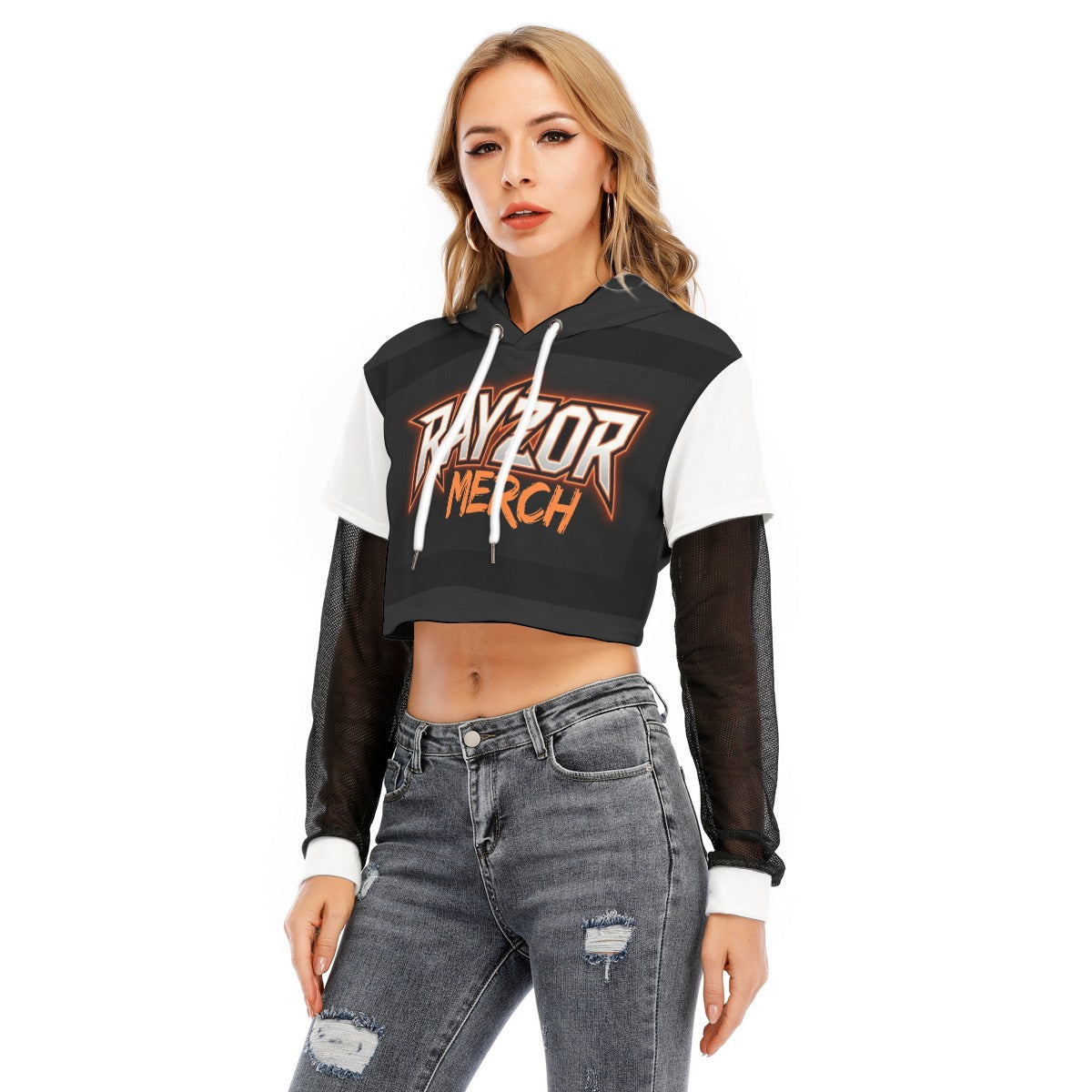 All-Over Print Women's Fake Two-piece Mesh Sleeve Cropped Hoodie