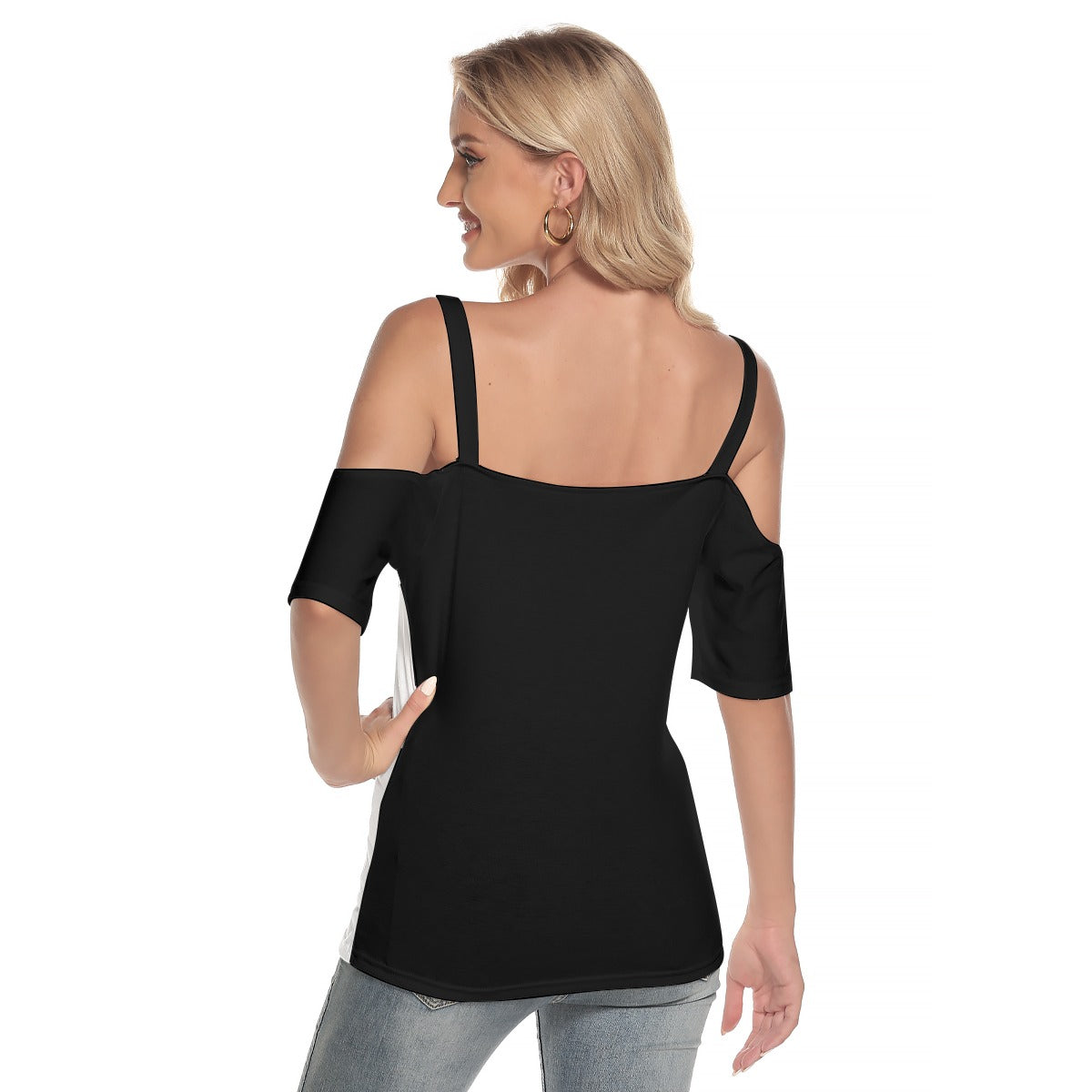 All-Over Print Women's Cold Shoulder T-shirt With Criss Cross Strips