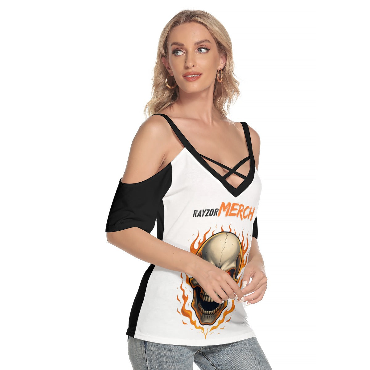 All-Over Print Women's Cold Shoulder T-shirt With Criss Cross Strips