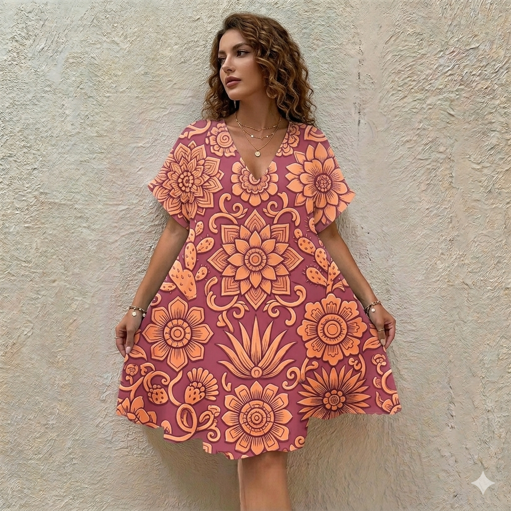 All-Over Print Women’s Floral V-Neck Short Sleeve Dress