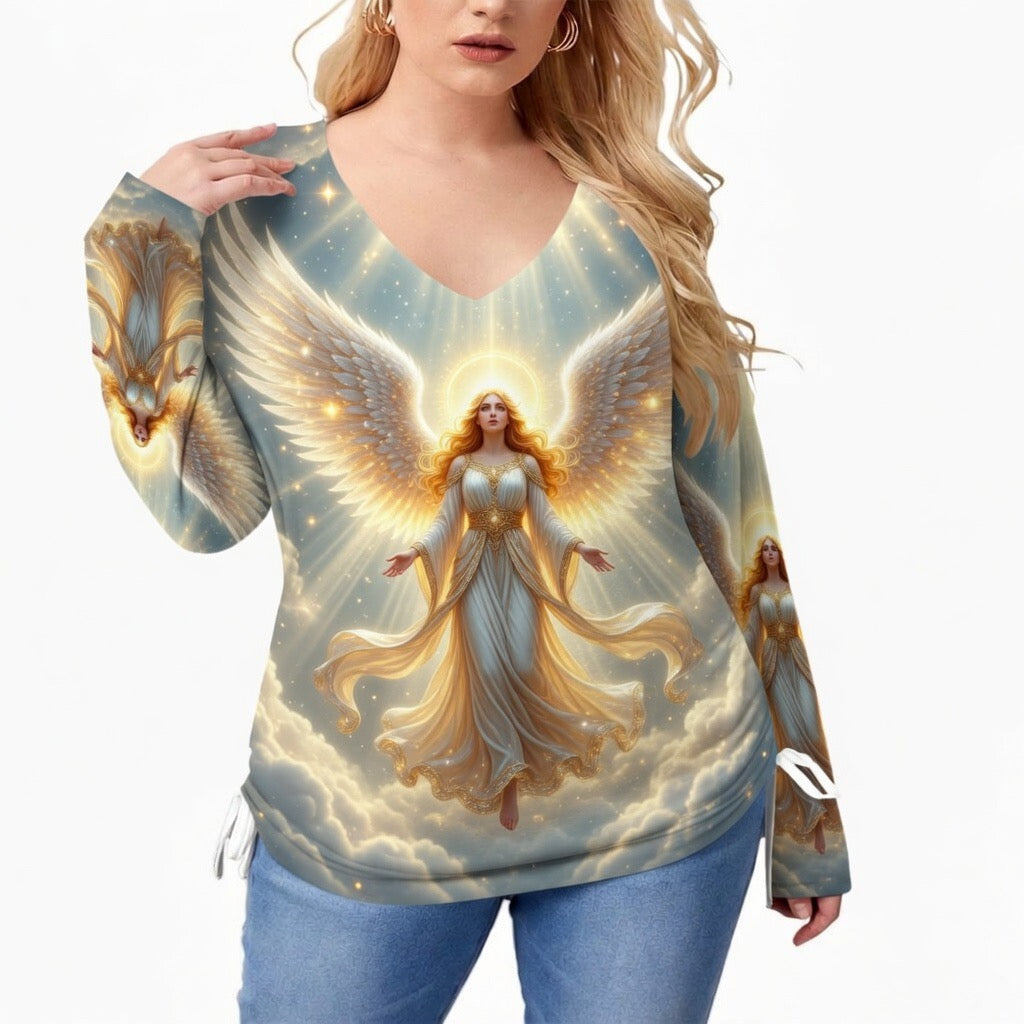 All-Over Print Women’s V-neck T-shirt With Side Drawstring(Plus Size)