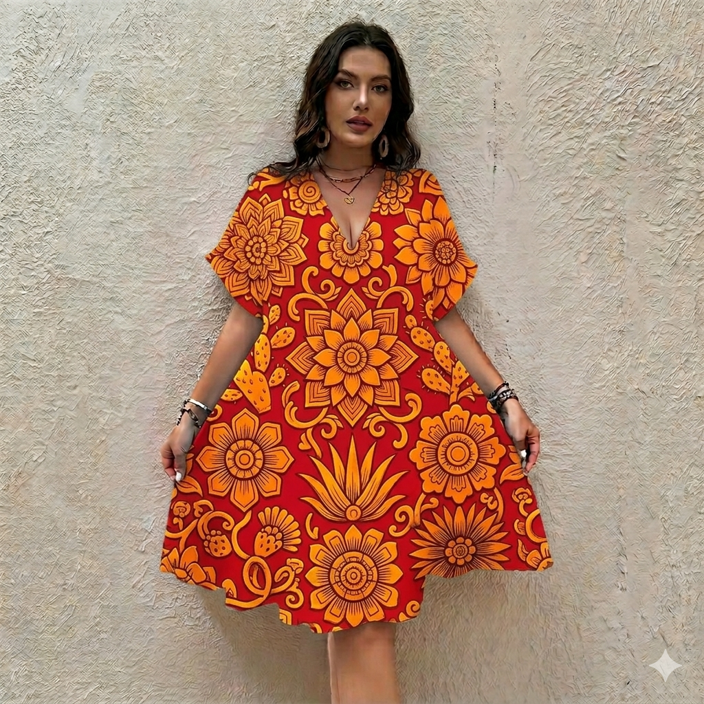 All-Over Print Women’s Floral V-Neck Short Sleeve Dress