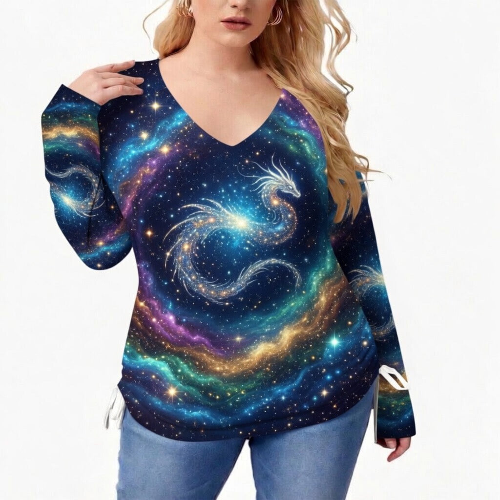 All-Over Print Women’s V-neck T-shirt With Side Drawstring(Plus Size)