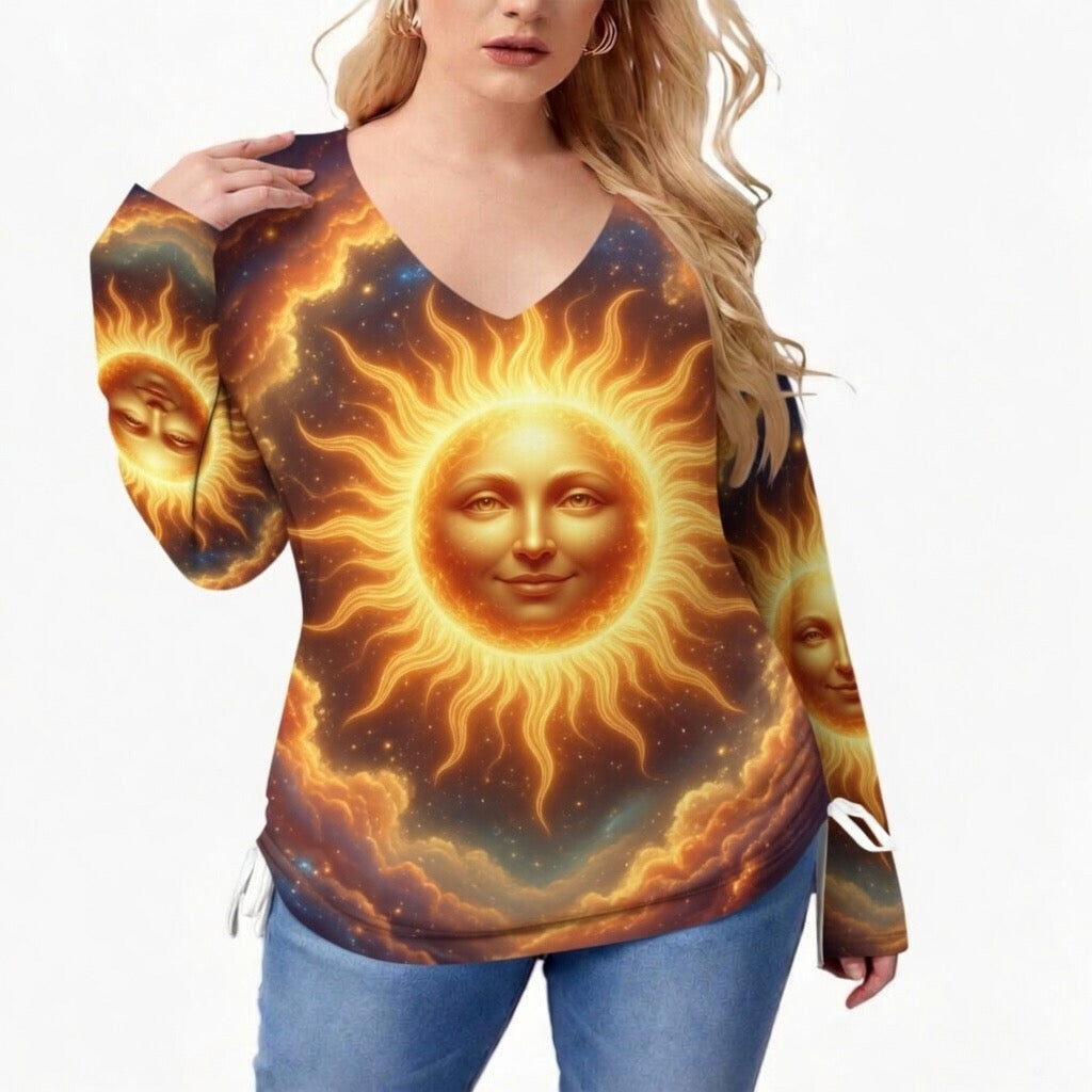 All-Over Print Women’s V-neck T-shirt With Side Drawstring(Plus Size)