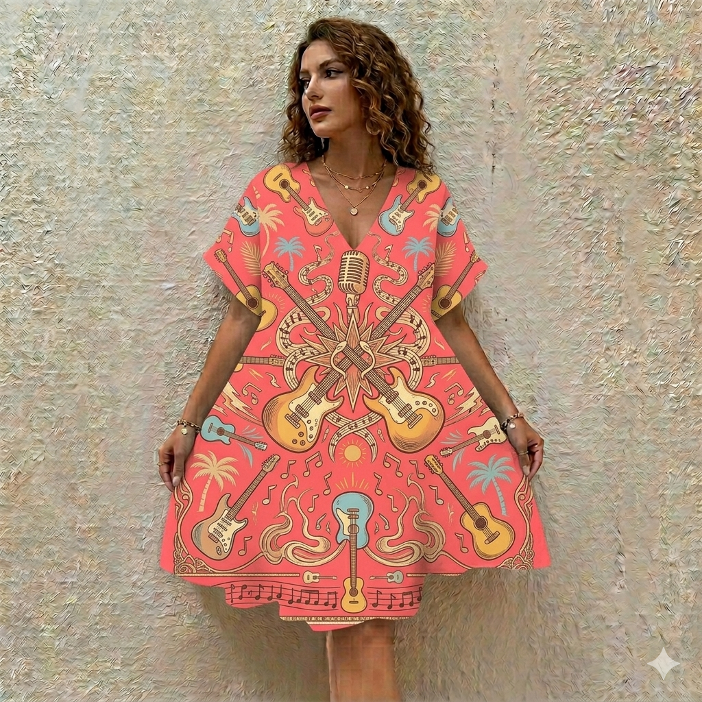 All-Over Print Women’s Floral V-Neck Short Sleeve Dress