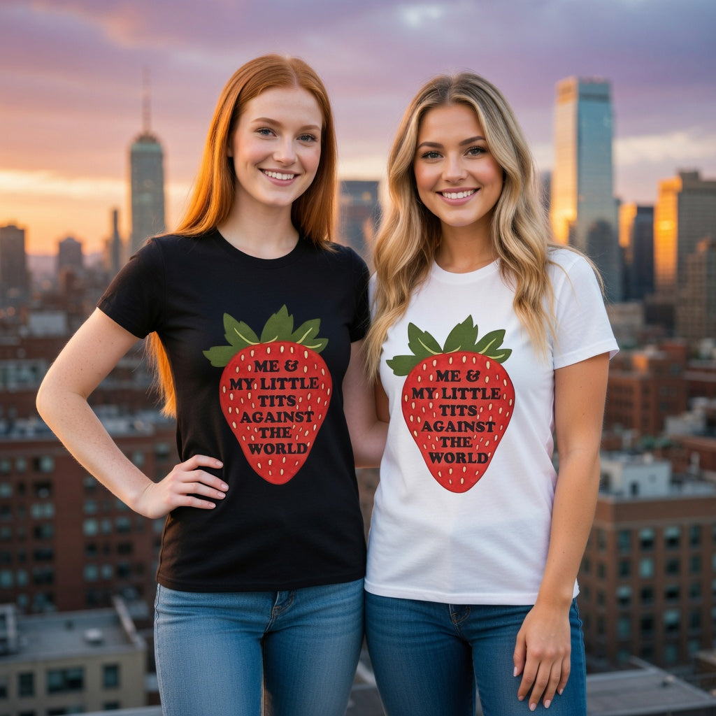 Strawberry Graphic T-Shirt — “Me & My Little Tits Against the World” Feminist Statement Tee Shipping included in Price