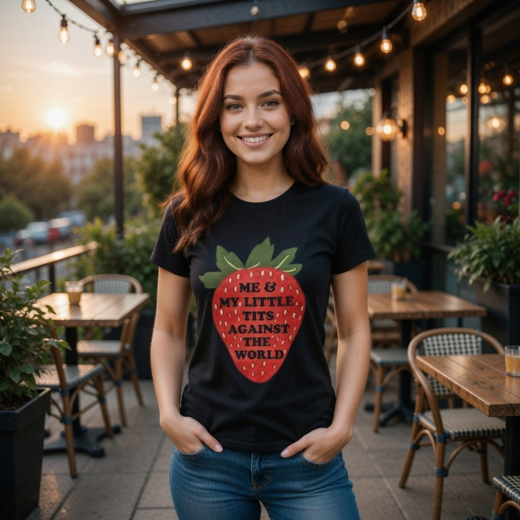 Strawberry Graphic T-Shirt — “Me & My Little Tits Against the World” Feminist Statement Tee Shipping included in Price