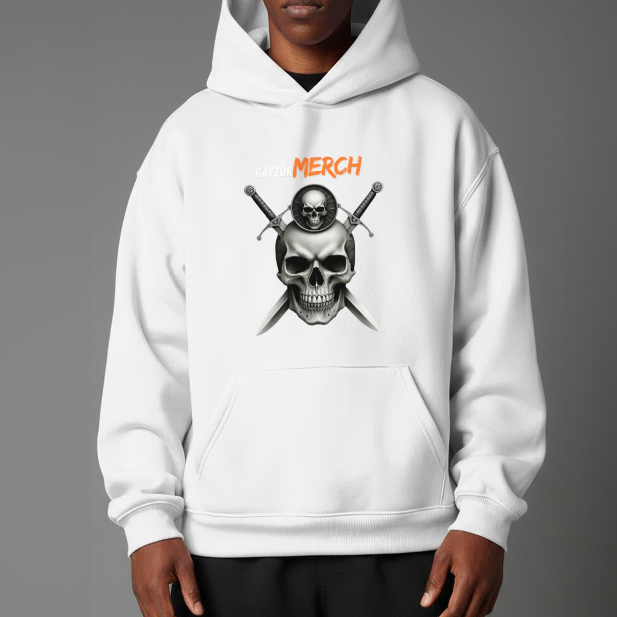 Skull and Swords Collection White Print Unisex Pullover Hoodie with